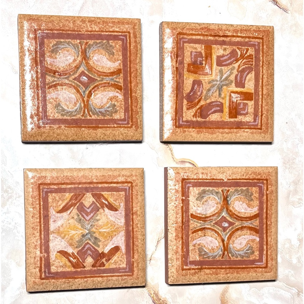 4 Decorative Spanish Handpainted Red Clay Tiles 2 3/4" x 2 3/4" Earth Colors